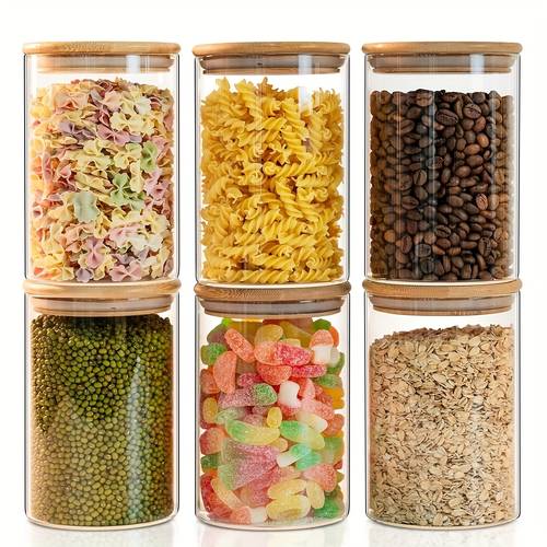 glass storage containers set of 6 32 ounce airtight food storage containers with bamboo lids clear glass jars for pantry kitchen flour sugar tea coffee snack spice and herbs