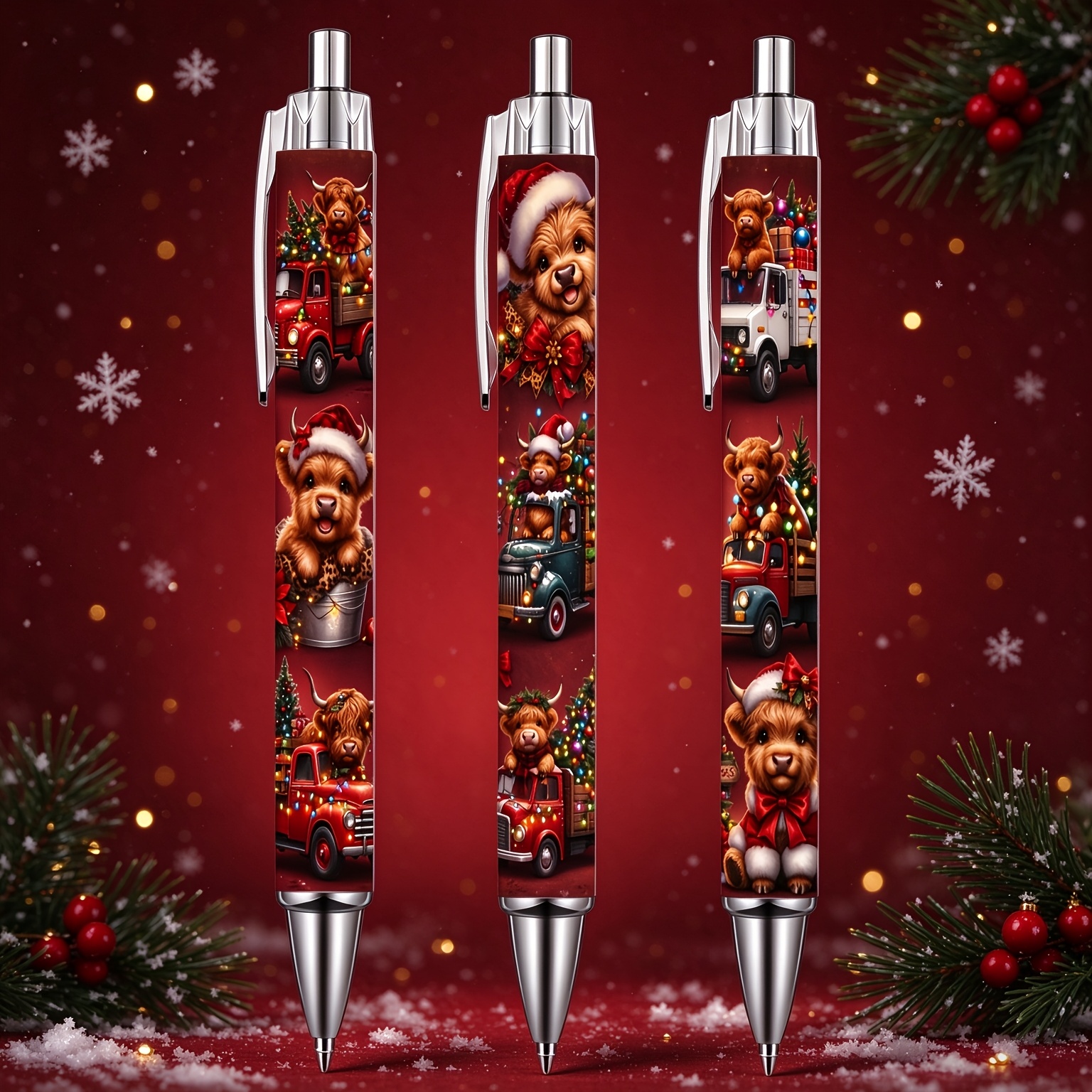 TEMU 3pcs Christmas Highland Cow Retro Truck Printed Ballpoint Pens, Fluffy Highland Cows With Santa Hats, Retro Small Trucks And Christmas Lights,