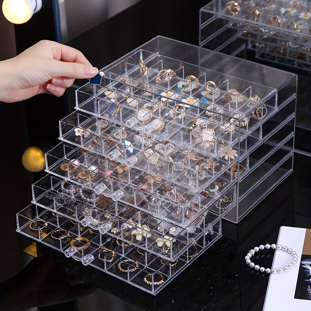 

1pc Large Capacity Transparent Jewelry Organizer - 5-layer, 120 Compartments For Earrings, Rings, Necklaces & Bracelets | Drawer-style 3-layer, 72 Grids For Nail Art & Accessories Storage