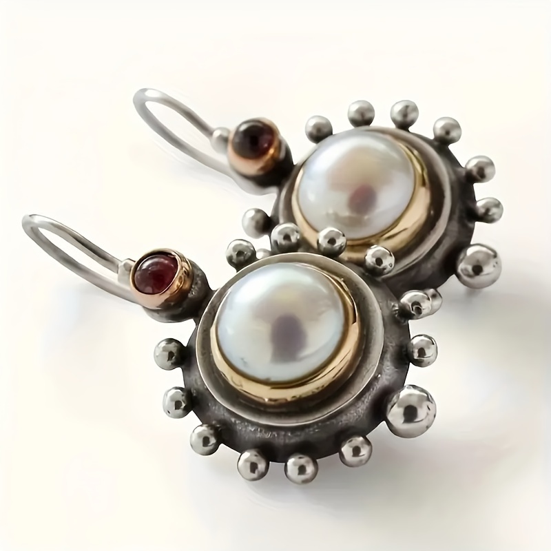 

Vintage Round Shape Spiral Pattern Faux Pearl Inlaid Dangle Earrings Bohemian Retro Style Trendy Female Earrings