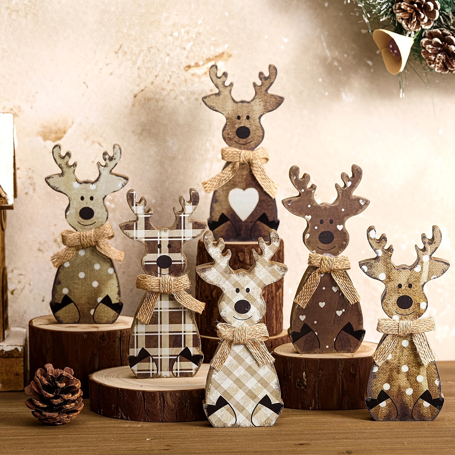 TEMU 6pcs Christmas/winter Wooden Reindeer Party Table Centerpiece, Retro Distressed Reindeer Components, Printed With Plaid Polka Dot Heart Pattern,