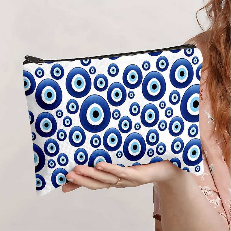 TEMU 2d Flat Double-sided Printed Makeup Bag, 1pc Premium Minimalist Style With Zipper, Blue And White Evil Eye Totem Large Capacity Makeup Bag,