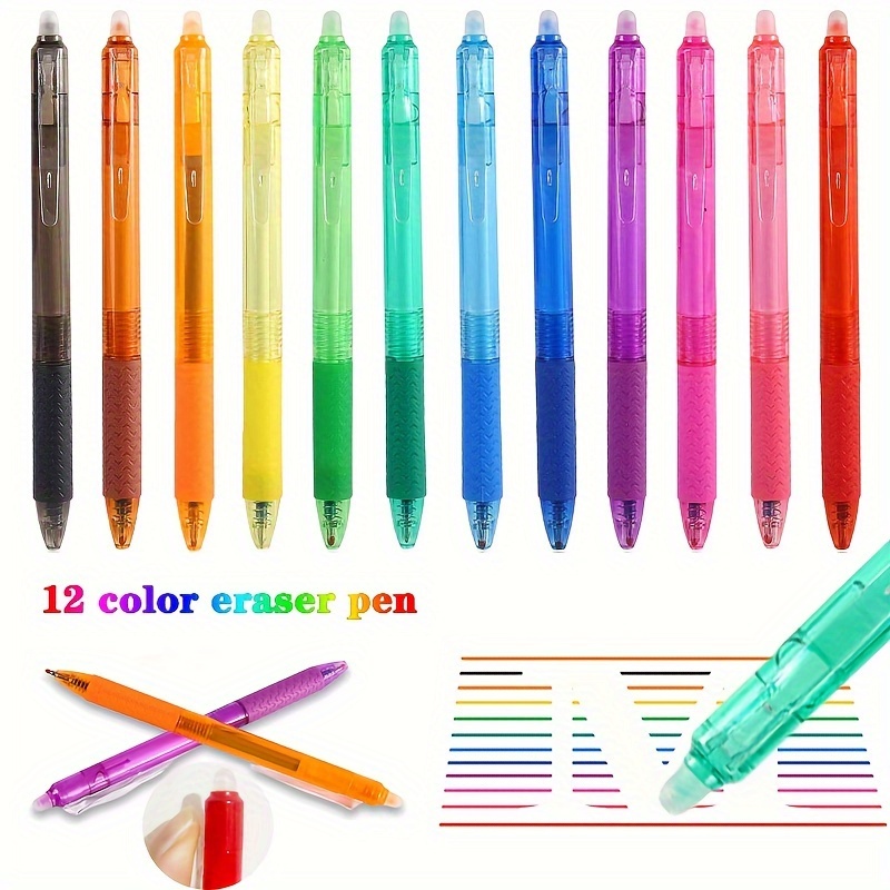 

12 Color Erasable Gel Pen Set With Rubber Eraser - 0.7mm Ballpoint, Retractable, Liquid Ink, Suitable For Writing, Marking, And Note-taking