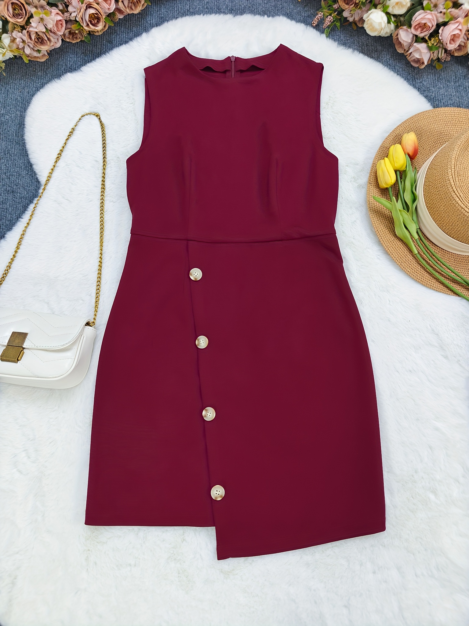 womens casual a line short dress solid color burgundy golden - Temu