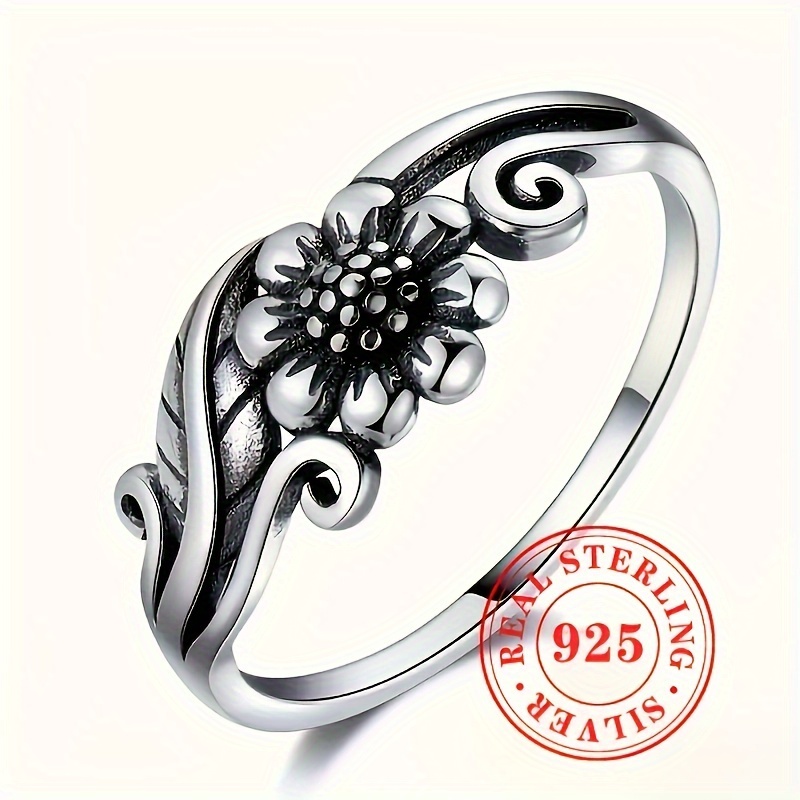 

Bague Vintage Style Bohémien avec Fleur et Feuille Gravées en Argent Pur S925 de 2.6g pour Hommes et Femmes, Bijou Boîte