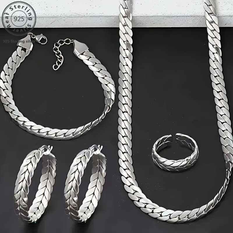 

925 Sterling Silver Snake Cuban Chain 4pcs Set (ring, Necklace, Earrings, Bracelet) To Her , Anniversary Gift For Day Gift, Complimentary Gift Box