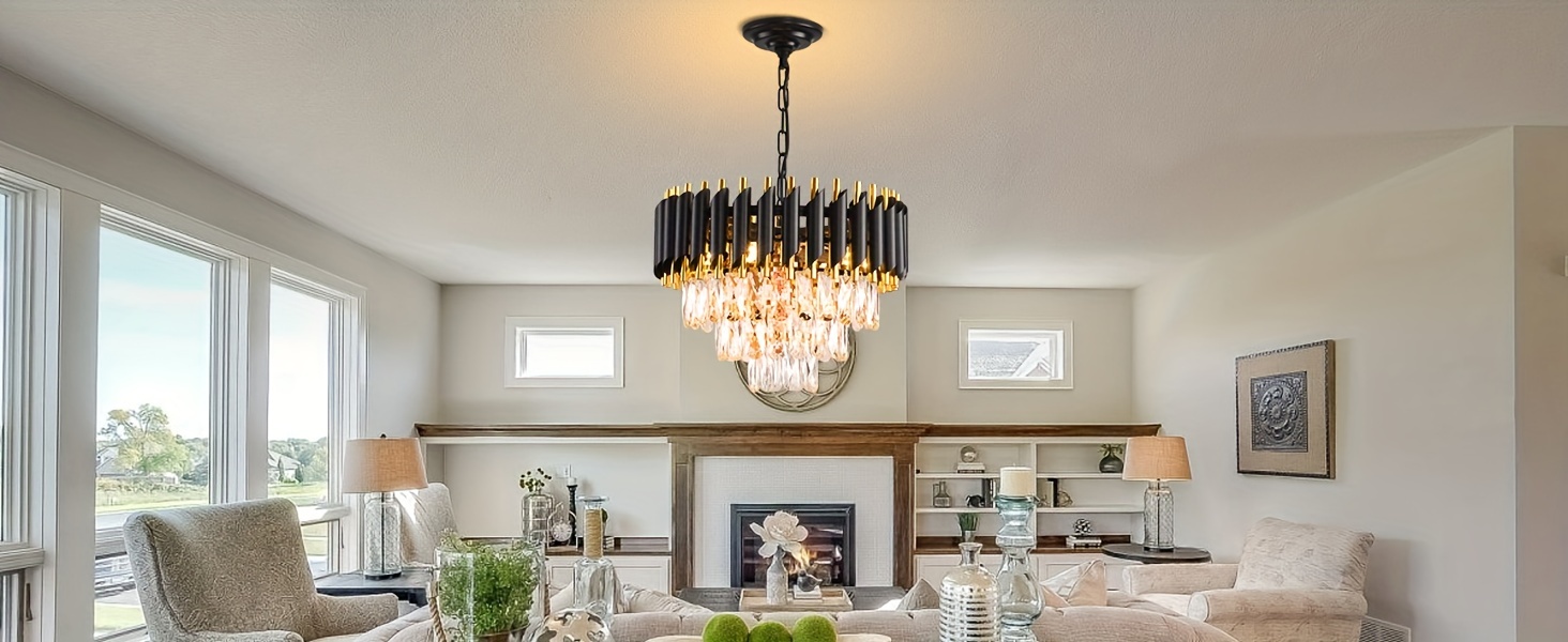 Elegant 3-Tier Black & Golden Crystal Chandelier - Modern Flush Mount Ceiling Light for Living Room, Dining, Bedroom - Adjustable, Easy Install, E12 Base (Bulb Not Included)