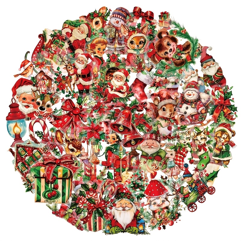 TEMU 50pcs Retro Christmas Transparent Stickers With Patterns Of Santa Claus, Christmas Trees And , Used On Diy, Laptop Computers, Water Cups,