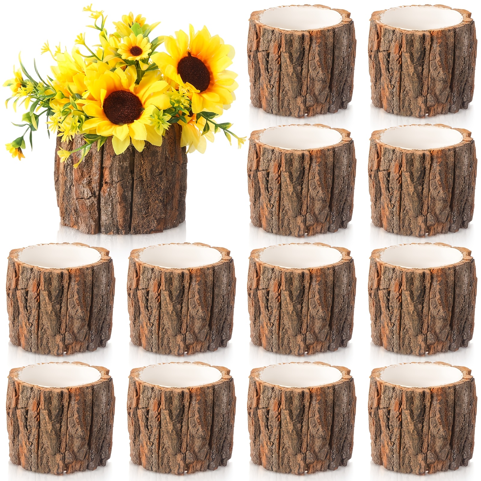 TEMU 12pcs Rustic Bark Wooden Large Vase For Centerpieces | Christmas Table Decor, Stump Buckets, Vintage Wood Planter Pots For Xmas, Woodland Party,