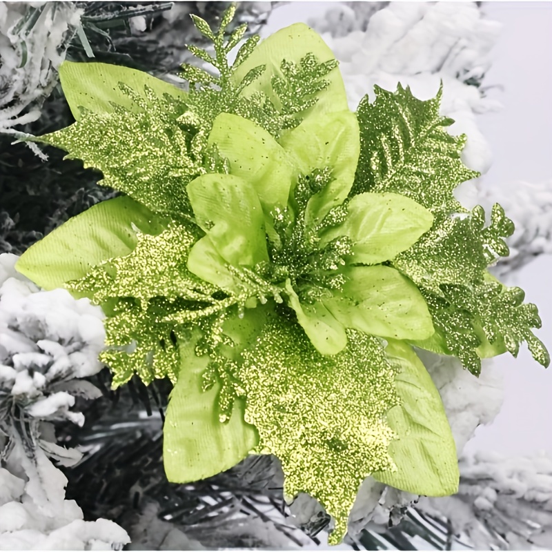 5pcs Of Christmas Tree Decorations, Green Glitter Artificial Flowers, Blue Glitter Artificial Flowers, Faux Christmas Flowers For Indoor Decor