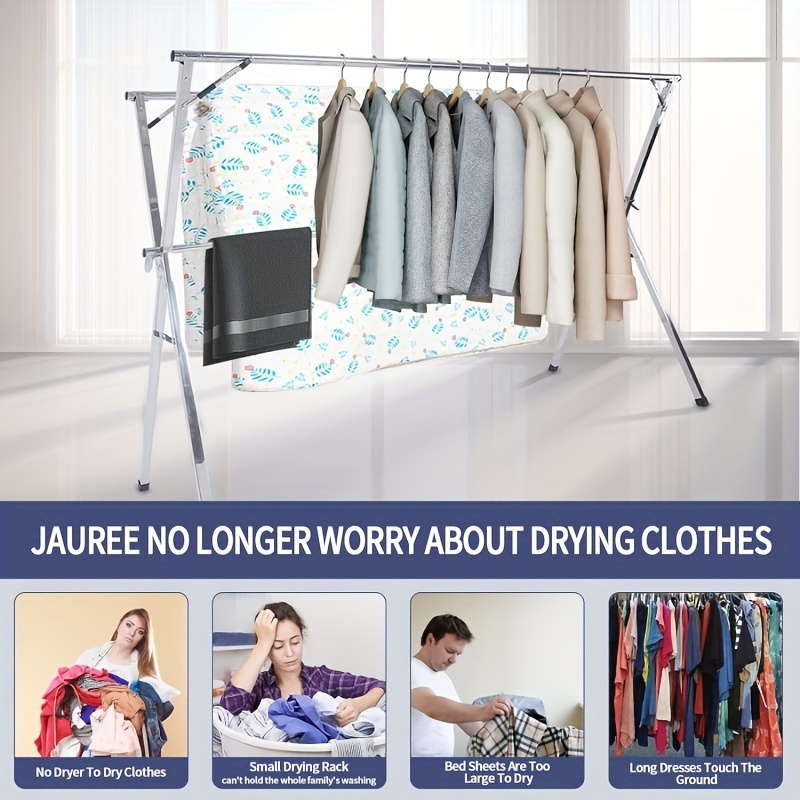 79 inches clothes drying rack free of installation stainless steel garment rack adjustable and foldable space saving laundry drying rack for indoor outdoor with 20 windproof hooks details 8