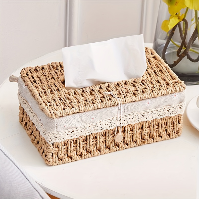 

Vintage-style Woven Tissue Box Cover With Lid - Durable Paper Rope Design For Home & Office Storage