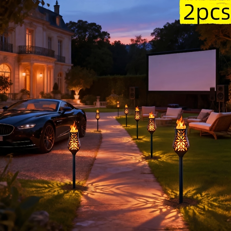 Image of 2pack, Tribal Pattern Solar Flame Torches, Vintage Hollowed Garden Lights, Private Courtyard Terrace Landscaping, Lawn Lamps, Aesthetic Yard Art Decor, Outdoor Scenery Mood Lighting