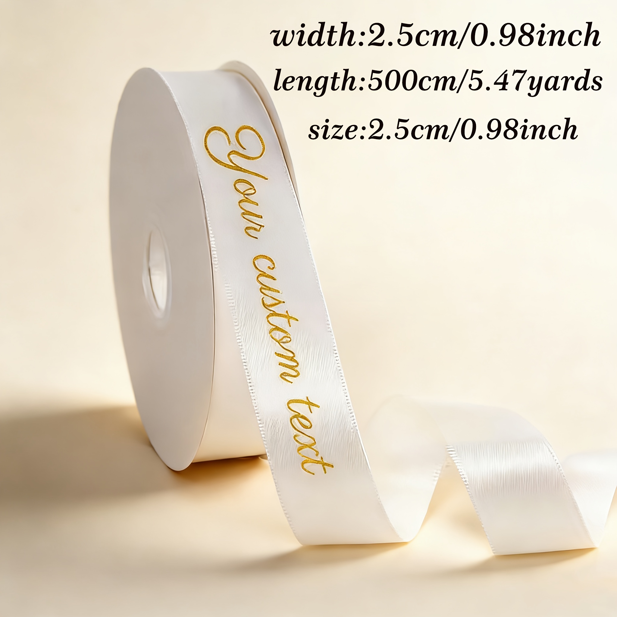 Image of Elegant Black & Golden Script Custom Satin Ribbon 5.0m X 2.5cm White Polyester Ribbon For Wedding, Birthday, Valentine's Day Gift Wrapping, Floral Arrangements, Diy Crafts, Party Decor & Custom Labels