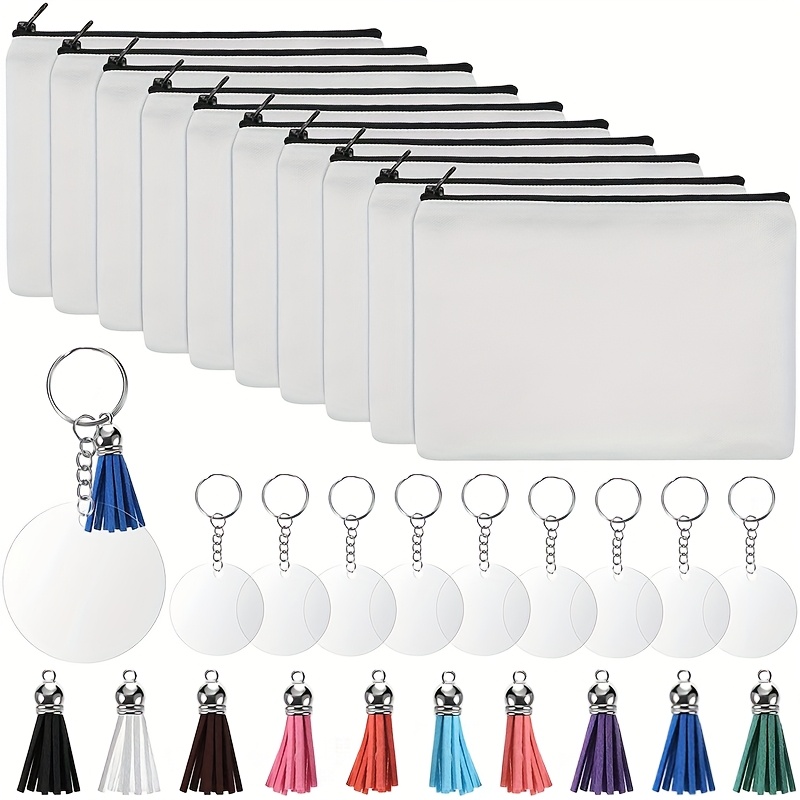 

50pcs Sublimation White Blank Canvas Makeup Bag, Heat Transfer Printing, Zipper Handbag With Acrylic Keyrings Jump Rings Tassels Set