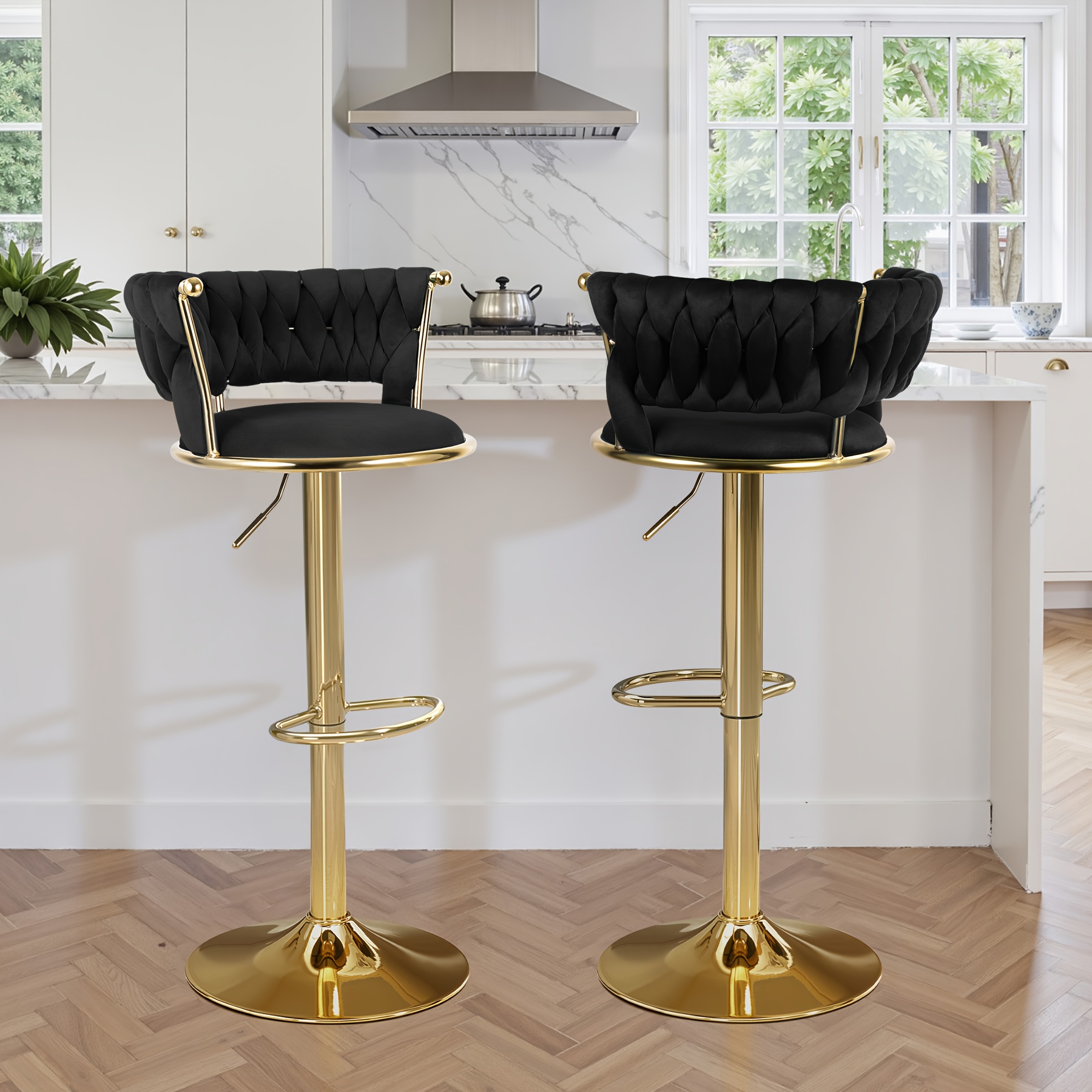 2pcs Modern Swivel Woven Stools, Stool, Adjustable Height Bar Stool With Backs Golden Metal Tall Bar Stools Counter Height For Kitchen Island, For Christmas, Festival, New Year's Gift