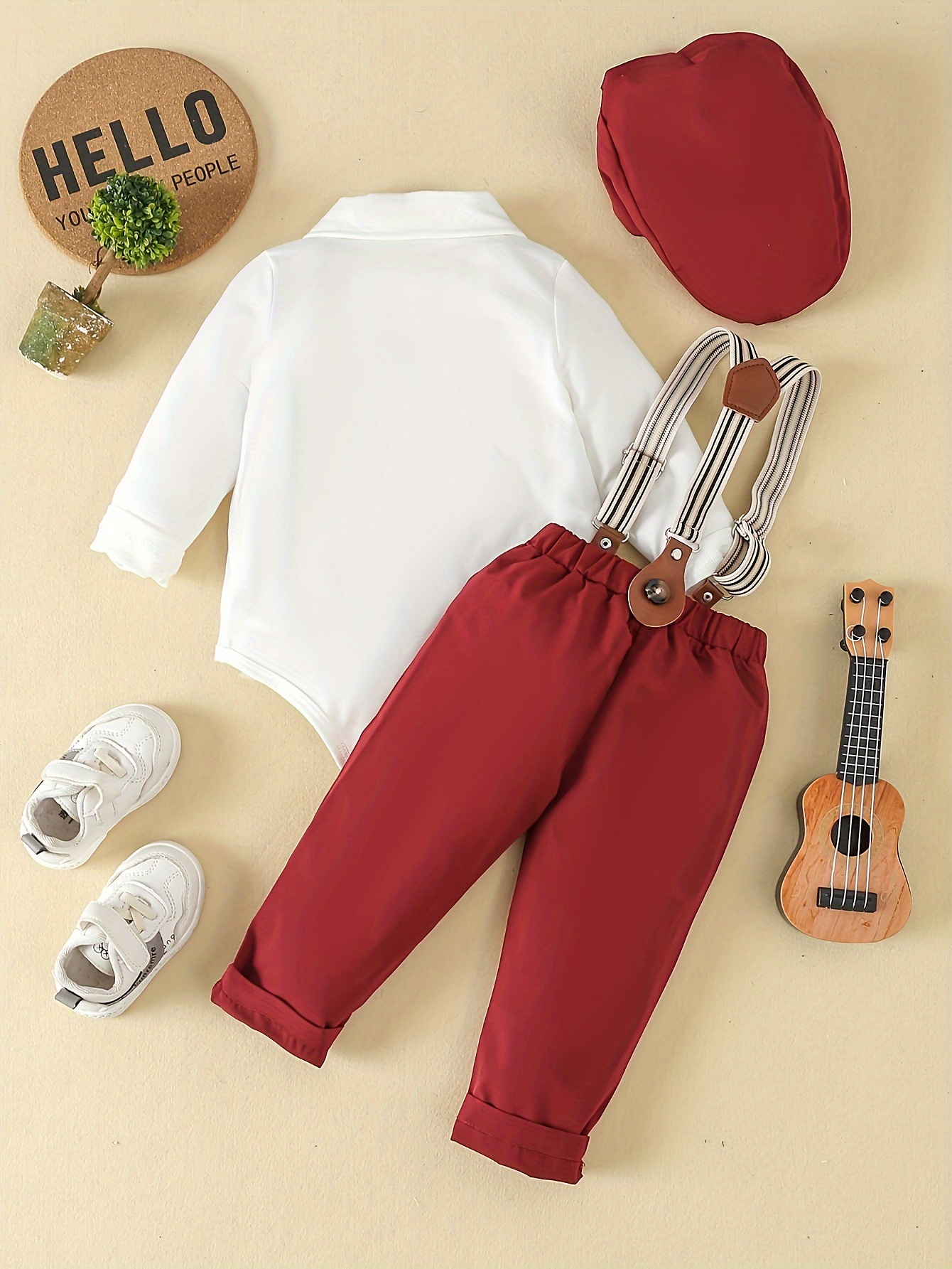 boys 4pcs gentleman outfit set long sleeve romper with bow tie suspenders hat for birthdays weddings special occasions machine washable Product details 21