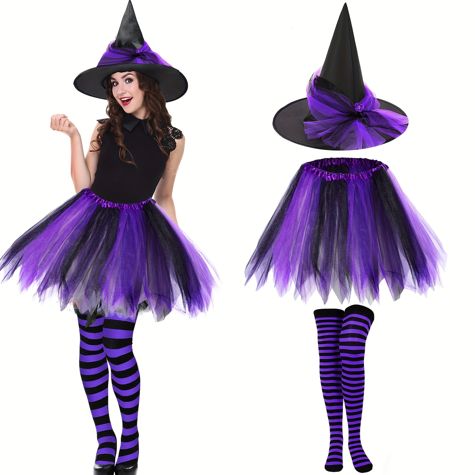 Conjunto de Disfraz de Bruja de Halloween de piezas con Calcetines  Largos a Rayas y Falda Tutú Traje Gótico y Negro para