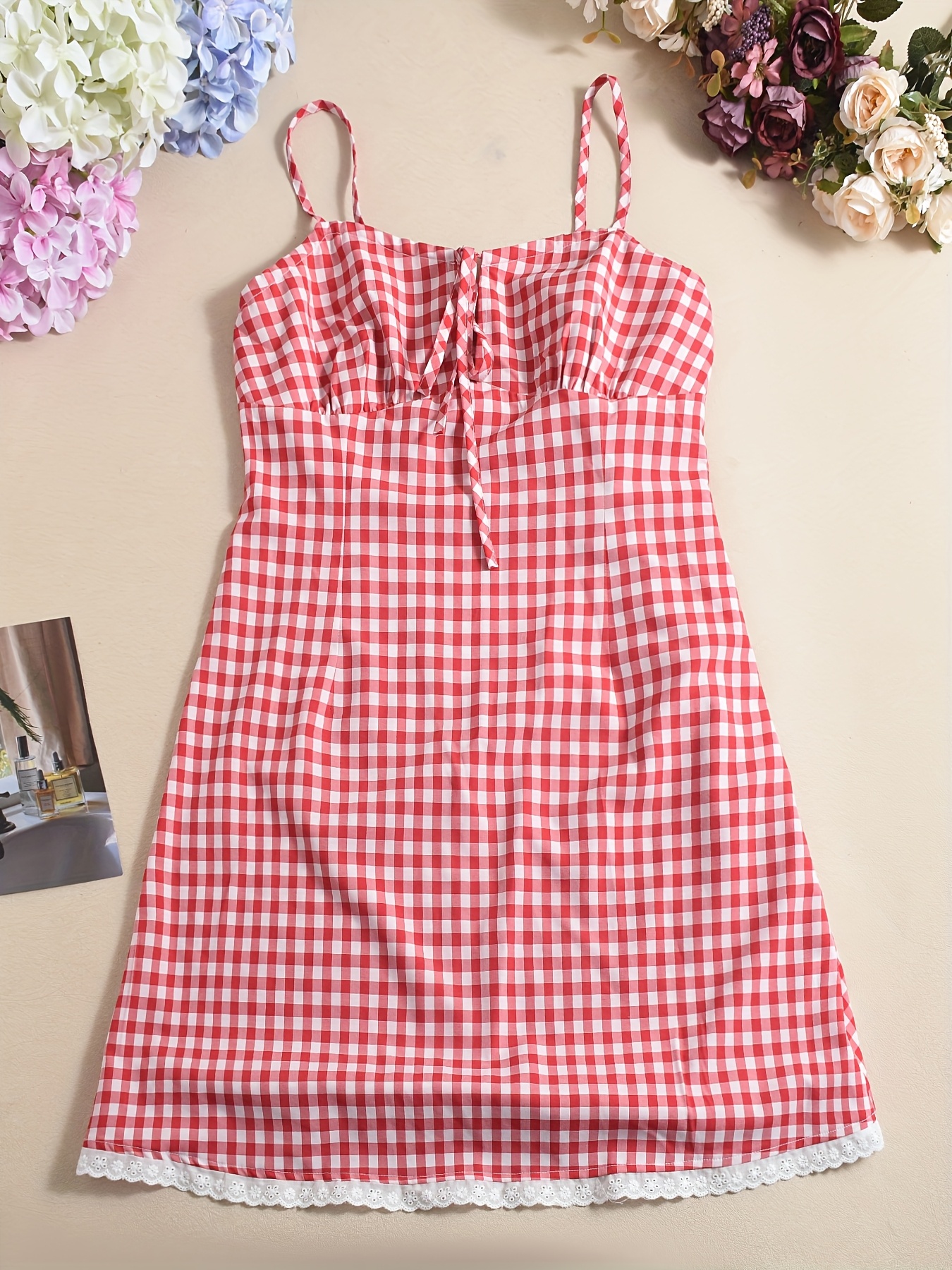 women's summer sleeveless dress red white gingham check lace