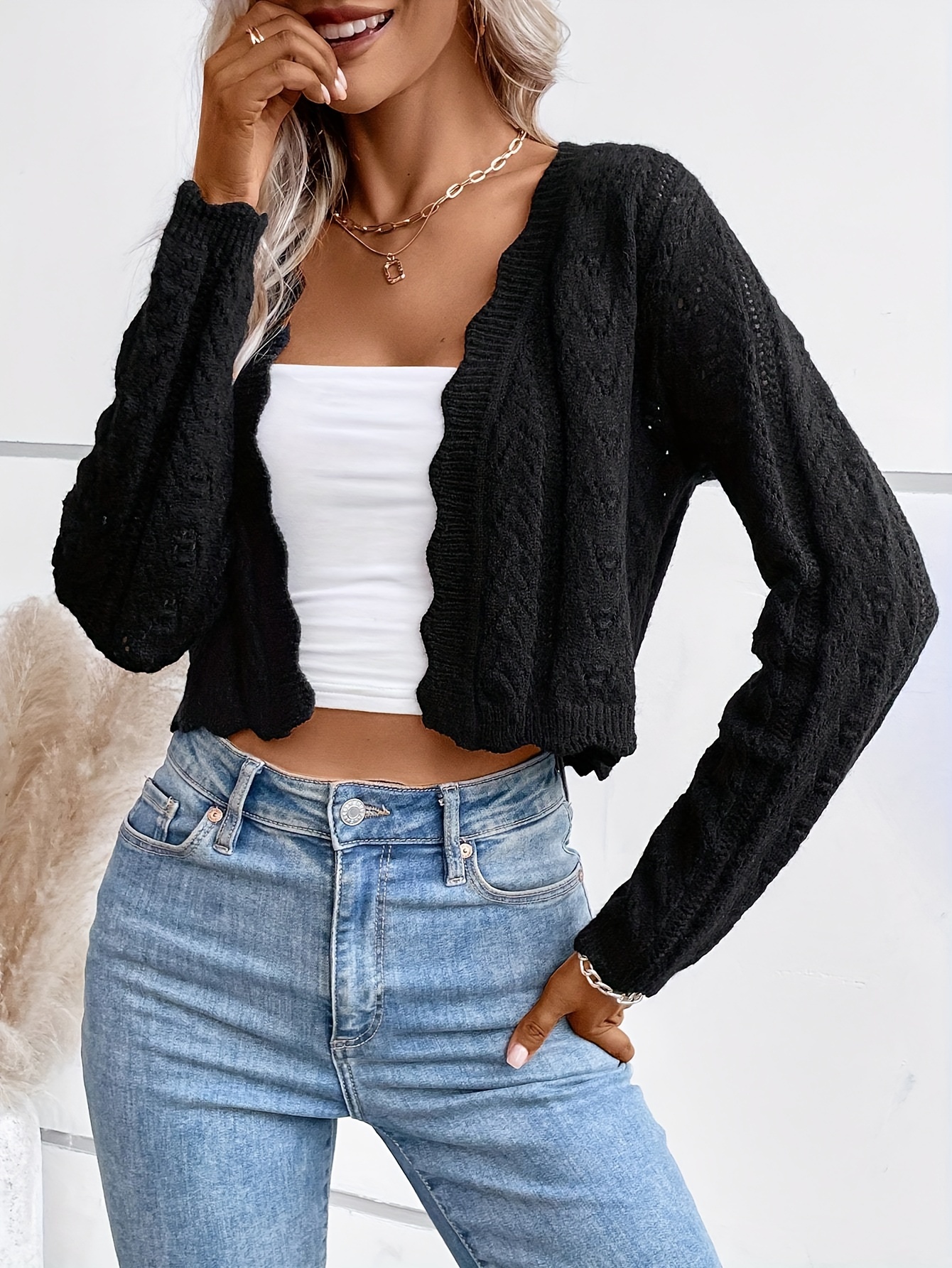 Solid Open Front Cable Knit Cardigan, Elegant Long Sleeve Scallop Trim ...