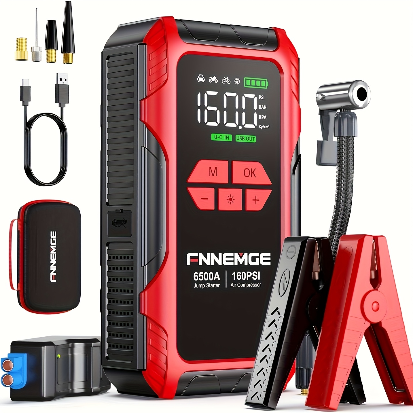 Fnnemge 6500a Jump Starter With Air Compressor, 26800mah Car Battery Jumper Starter Portable 12v(for All Gas/10.0l ), 160psi Tire Inflator, With Usb Output, 2 Led Light, Hd Large Screen.
