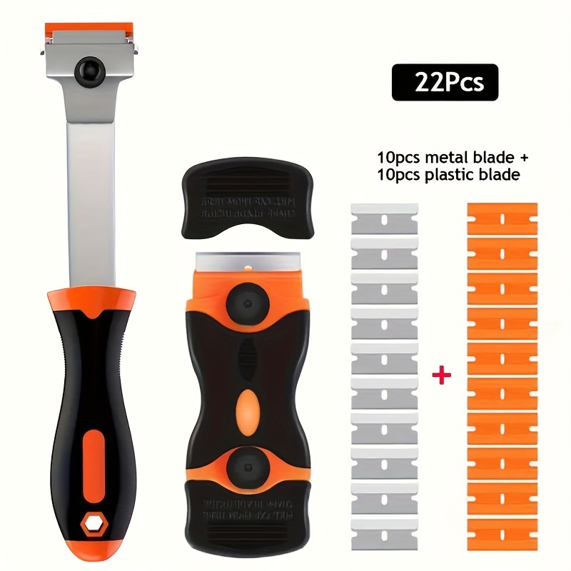 TEMU 22pcs Blade Scraper Set - Effortlessly Remove Labels, Stickers, Tint & Grease From Windshields, Appliances, Glass - 10 Metal & 10 Plastic Blades