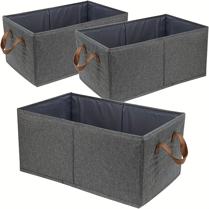 

Set Of 3 Cotton Linen Storage Bins With Handles - Collapsible Organizers For Clothes, Toys, Books | No Printing, Light Grey