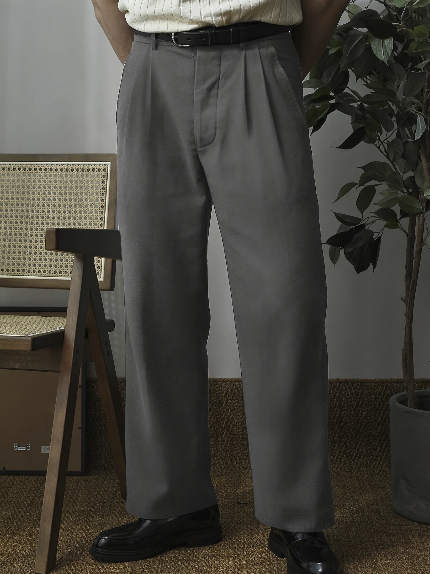 *'S High Waist Pleated Straight Leg Suit Pants Solid Color, Polyester,  Non-Stretch Fabric, Regular Length, with Pockets, for Woven Trousers