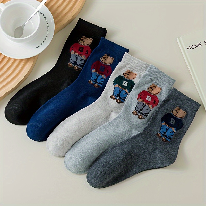 

5 Pairs Trendy Cool Cartoon Bear Pattern Socks, Comfy & Breathable Mid Tube Socks, Women's Stockings & Hosiery