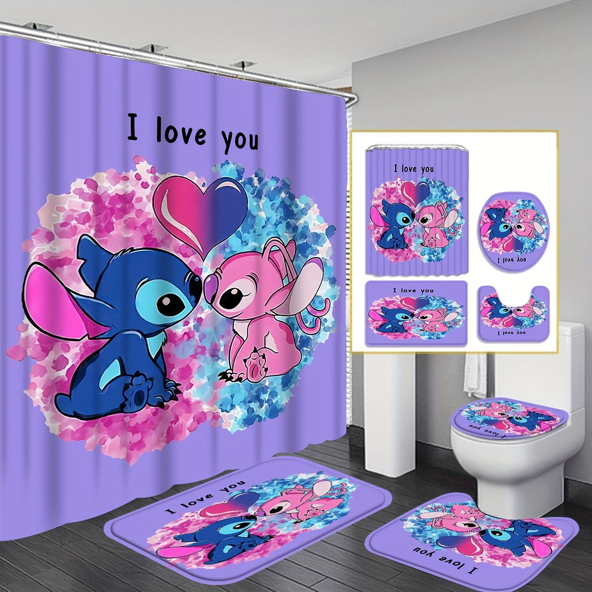 

1/4pcs Stitch Pattern Shower Curtain Set, Bathroom Full Set Including Waterproof Shower Curtain, Non-slip Mat, Toilet Lid Pad, U-shaped Bath Mat, Decorative Bathroom Accessories