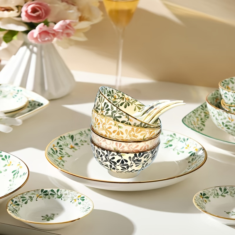 TEMU A Four-piece Ceramic Bowl Set With Seasonal Floral Patterns, Including 4 Bowls And . Suitable For Pasta, Salads, Desserts, Soups, And Fruits.