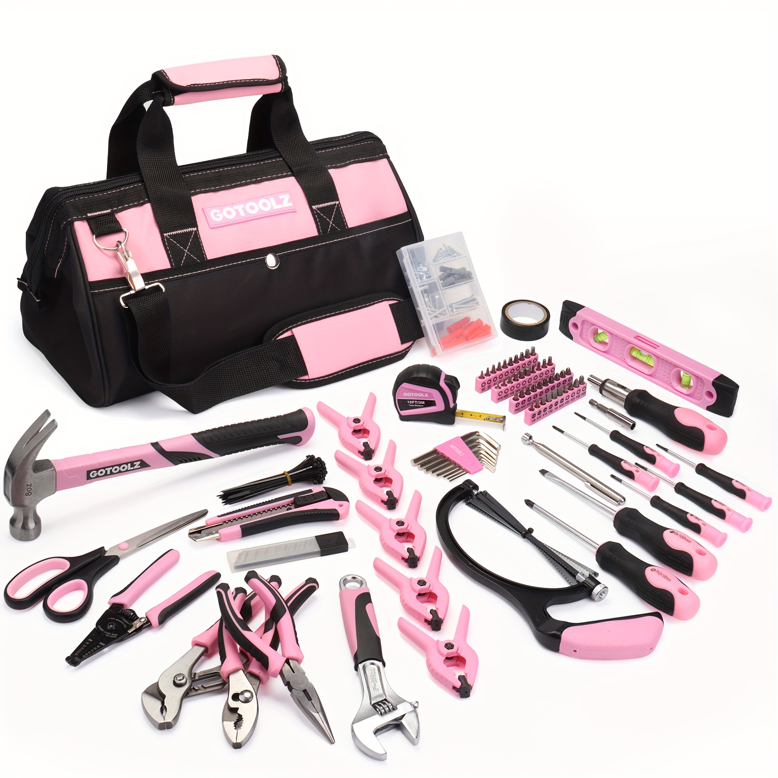 

240pcs Pink Tool Set For Women - Complete Kit With 14" Wide Mouth Tool Bag, Hand Tools & Accessories For Diy Projects