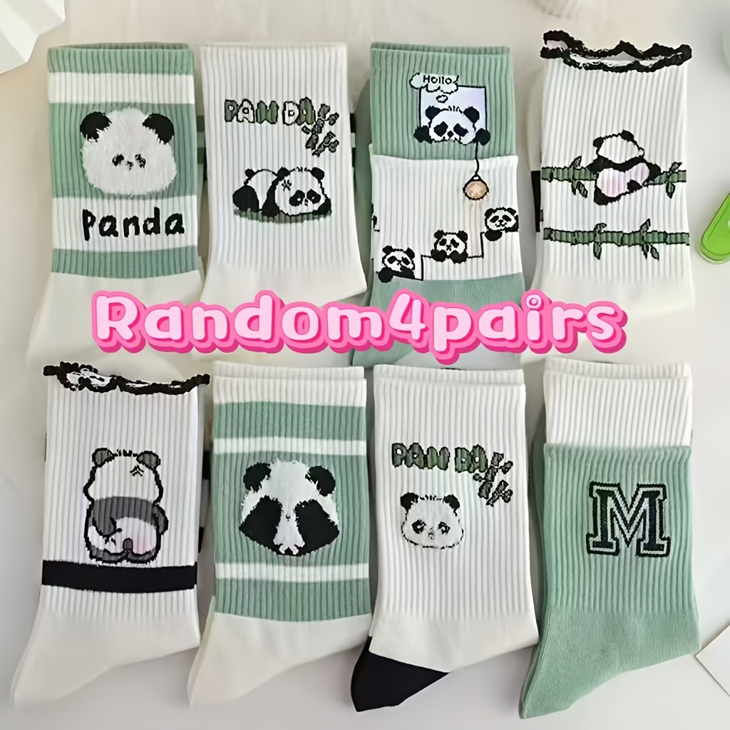TEMU Random 4 Pairs Cartoon Panda Pattern Mid-calf Socks
