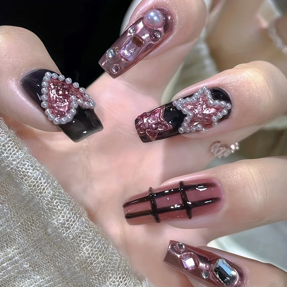 

24 Pcs Acrylic Press On Nails Extra-long-t Fake Nails Pink Gradient Heart And Star Pattern False Nails With Rhinestone