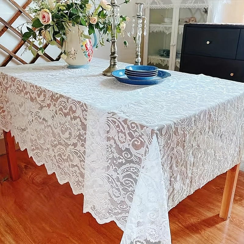 

1pc White Polyester Lace Tablecloth, Rectangular French Romantic Style, Home Decor, Elegant Floral Design For Dining & Coffee Tables, Photography Cover Cloth, Rectangle Table Draping Decor