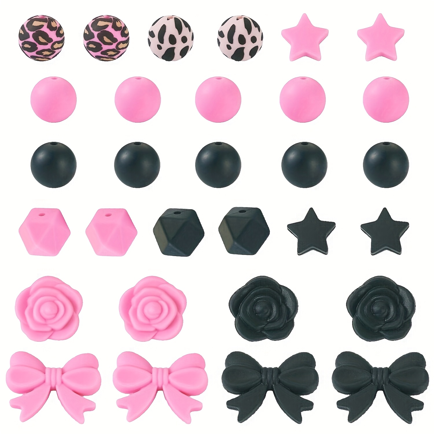 E-shop 30 Schwarz Rosa Grün Silikonperlen Leopard Print Silikonperlen Stern Rose Schleife Silikon Fokus Perlen 15 mm Silikonperlen Handgefertigter