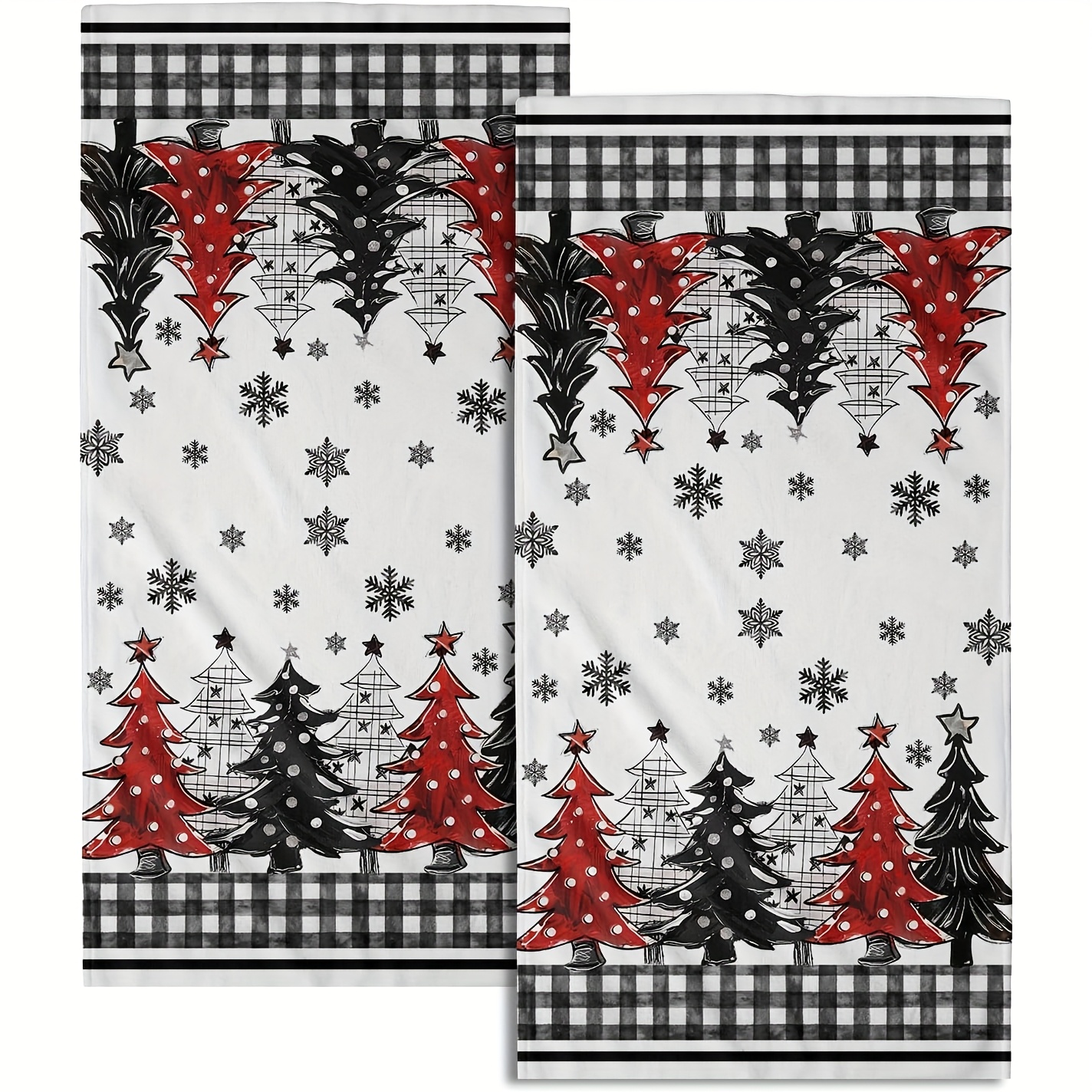 TEMU 2pcs, Torchons de Noël festifs imprimés sur une face, en polyester, avec un fond blanc à carreaux noirs et des d'arbres rouges/noirs, parfaits