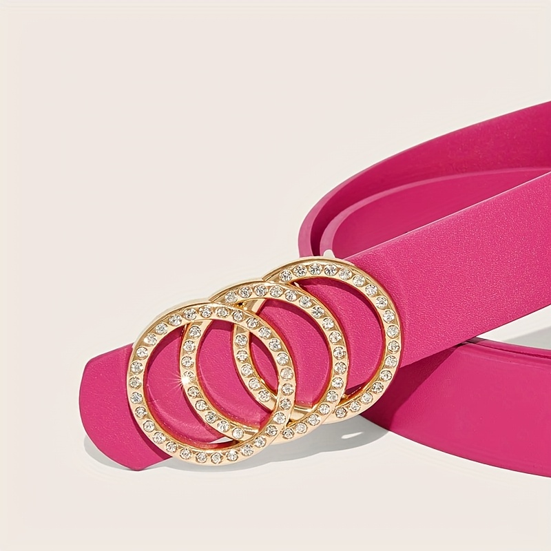 Rose Red Belt with Rhinestone Buckle - Adjustable Waist