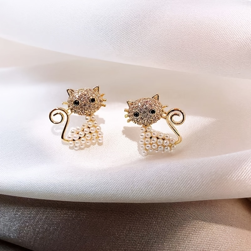 CZ Cat Stud Earrings 925 Silvery Post with Rhinestone for Women