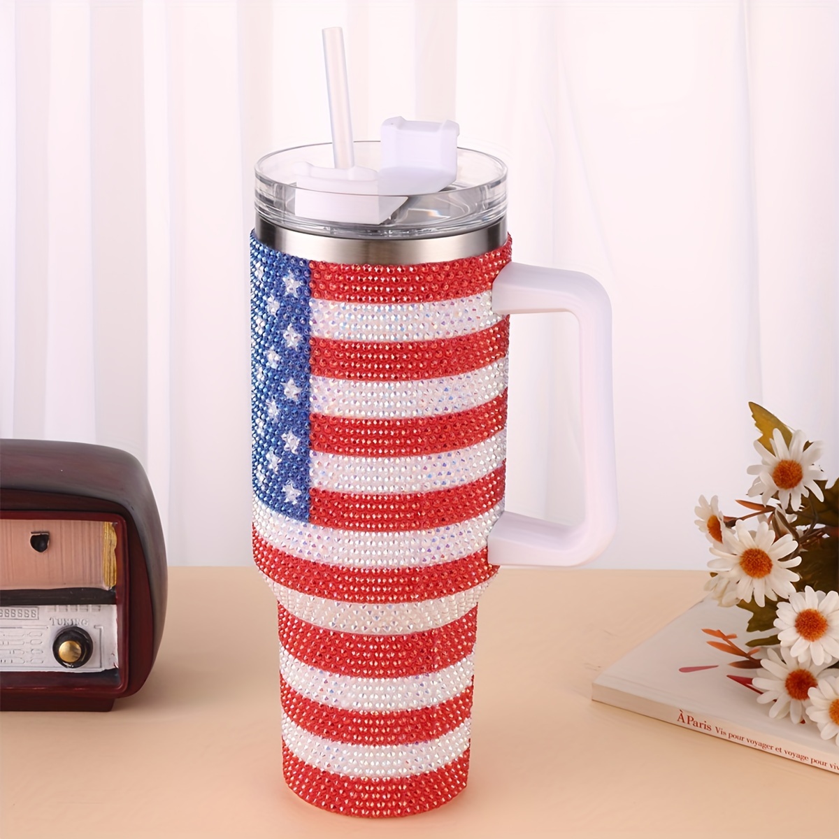 

40oz Patriotic Rhinestone-embellished Insulated Stainless Steel Bottle - Flag Design With Lid & Straw, Ideal Independence Day Gift For Hydration On-the-go