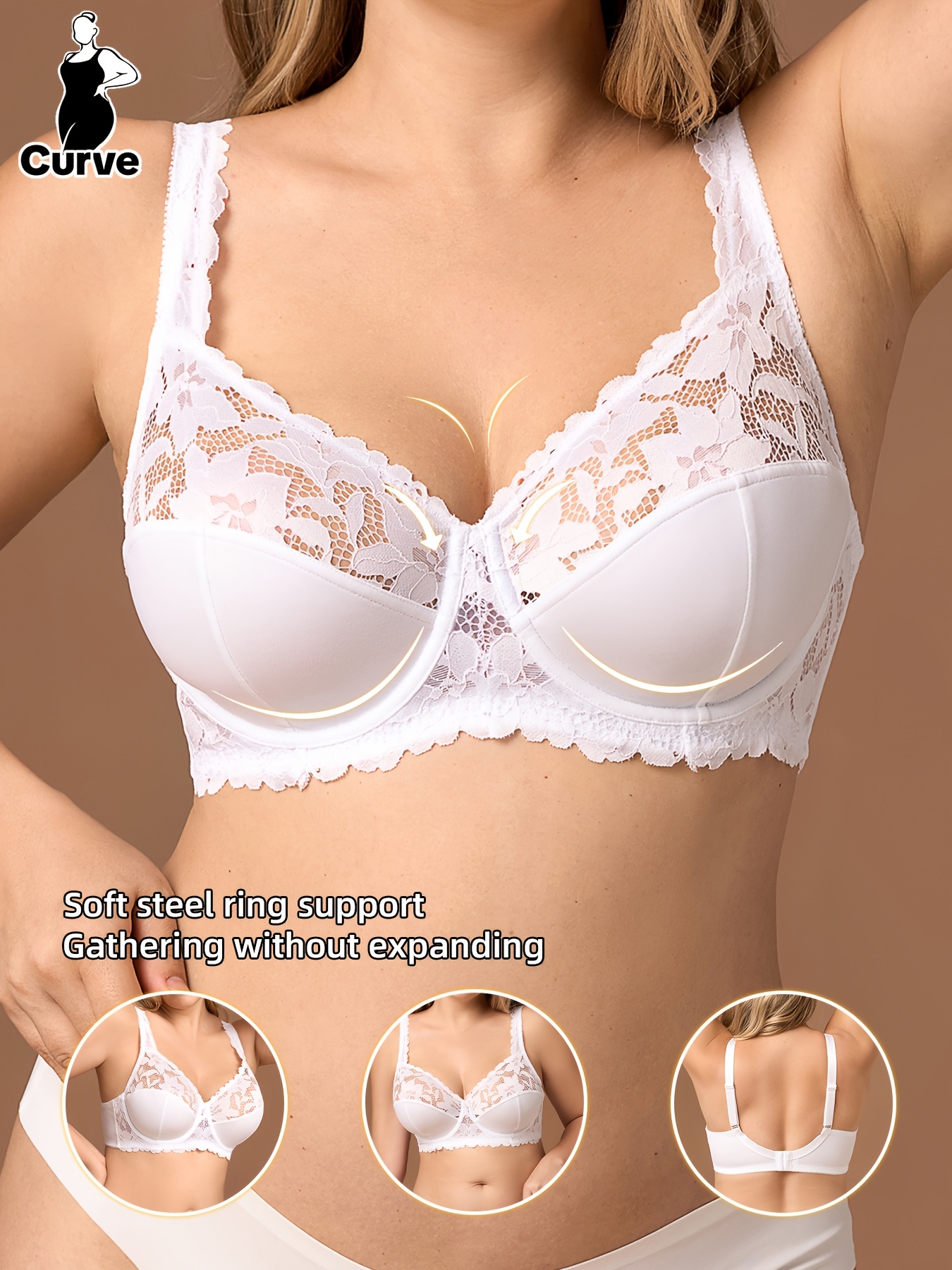 Plus Size, Elegant Black Lace Bra with Soft Steel Ring Support - Adjustable, Comfortable, Breathable, and Lightweight for Everyday Wear, No Padding, Underwire, Comfort Bra|Elegant Lace Bra|Soft Steel Ring Support, Plus Size Bra