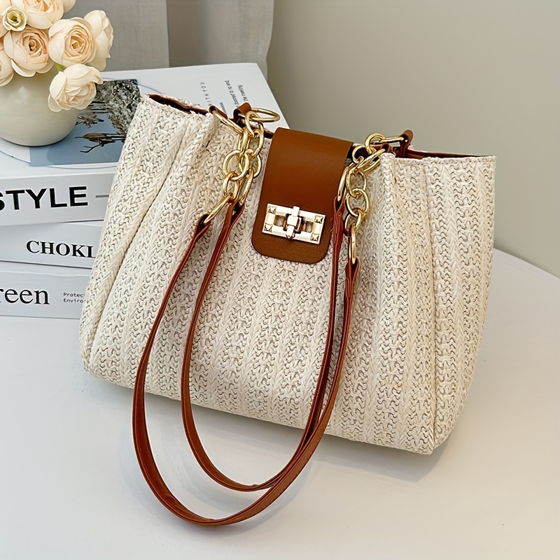Image of Elegant Women's Large Capacity Woven Fabric Shoulder Bag With Adjustable Chain Strap And Front - White/black, Suitable For Casual And Shopping Vacation, Woven Handbag