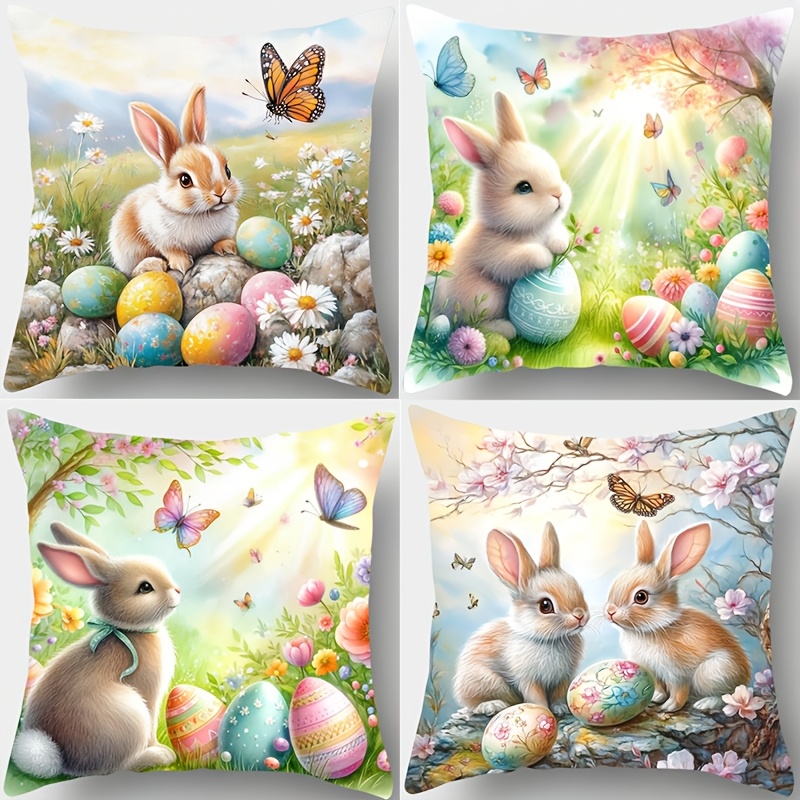 

4pcs Country-rustic Easter Bunny And Throw Pillow Covers, Printed Polyester Zippered Cushion Cases, Machine Washable, Woven, 17.7x17.7 Inches, With For Living Room Sofa Decor