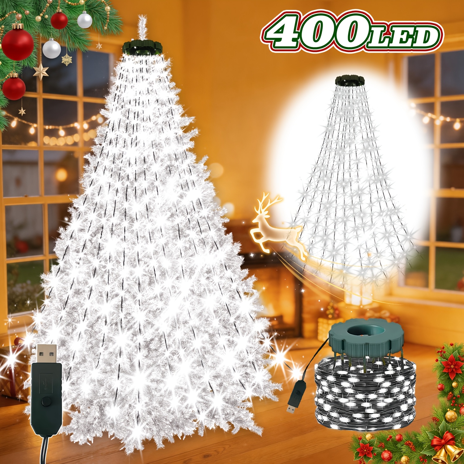 TEMU 1 Pack 220/400led Outdoor Festival Decorative Lights, 20/11 Strands Flashing Ring Smart String Lights, 12 Lighting , Usb Powered, Suitable For
