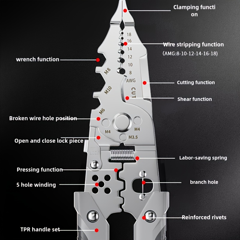 מסיר חוטים רב-תכליתי לחשמלאים מקצועיים - פלדת מנגן גבוהה, כסופה, ללא צורך בהרכבה - כלי עבודה ברמה תעשייתית לחיתוך, כיווץ והסרת ציפוי פרטים 1