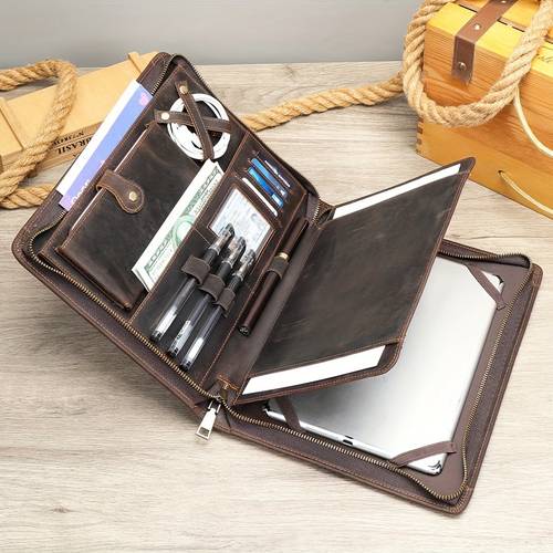premium genuine leather zipper portfolio for men women 10 tablet sleeve with multiple compartments business card holder pen slot brown leather document organizer for daily