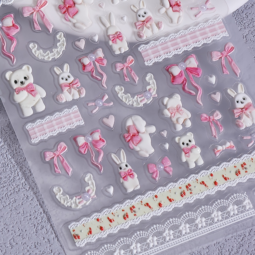 Image of Solid Embossed 5d Cute Nail Stickers Sweet Rabbits Lace Flower Bow Tie With Pearl Nail Decals Nail Charms Luxury Design For Weddings Nail Decorations