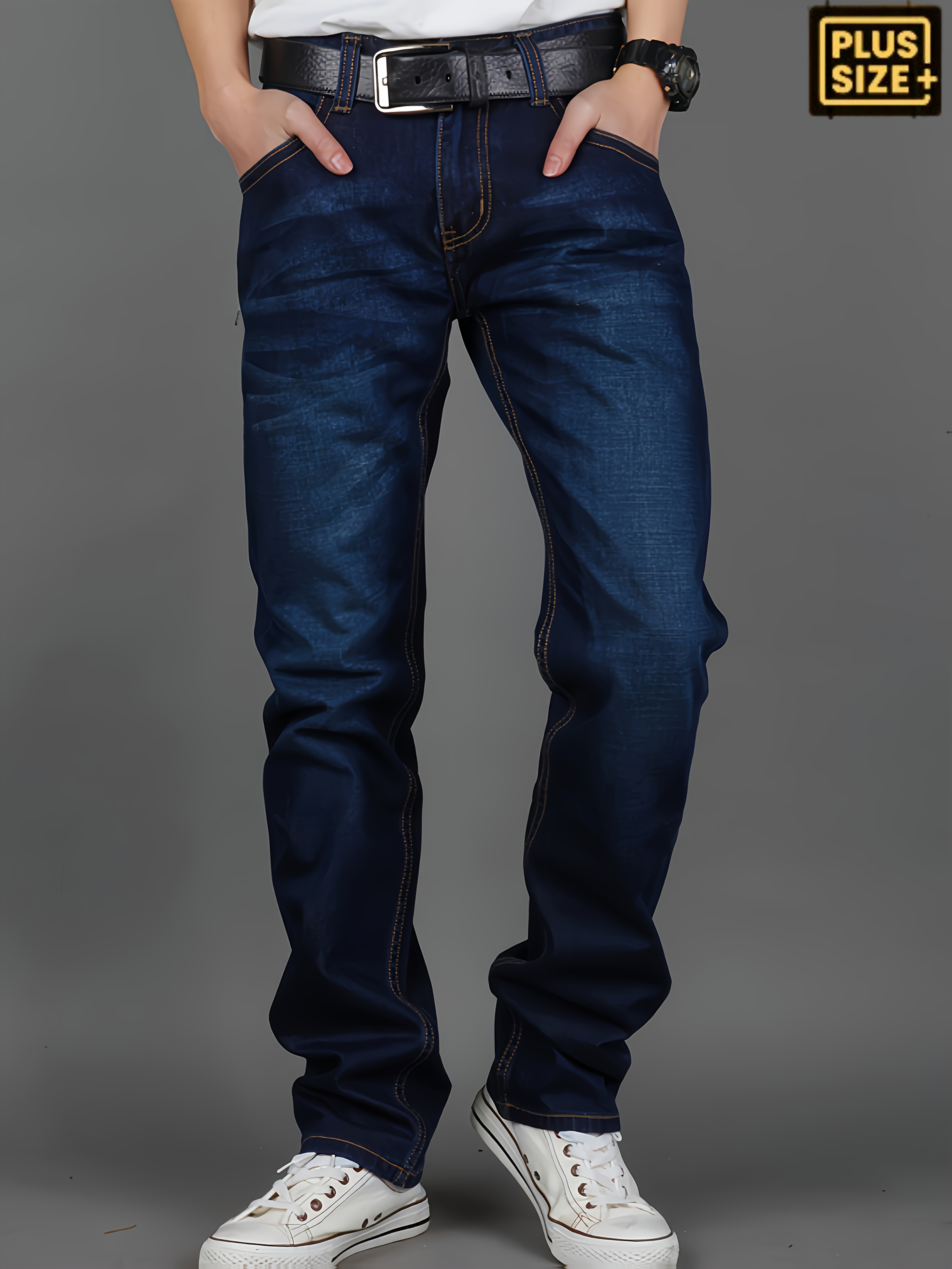 Plus-Size Men'S Denim Pants, Comfortable Stretchy Long Trousers, Loose Straight Casual Pants, Suitable for All Seasons, with Back Pockets And Flaps, Plus Size