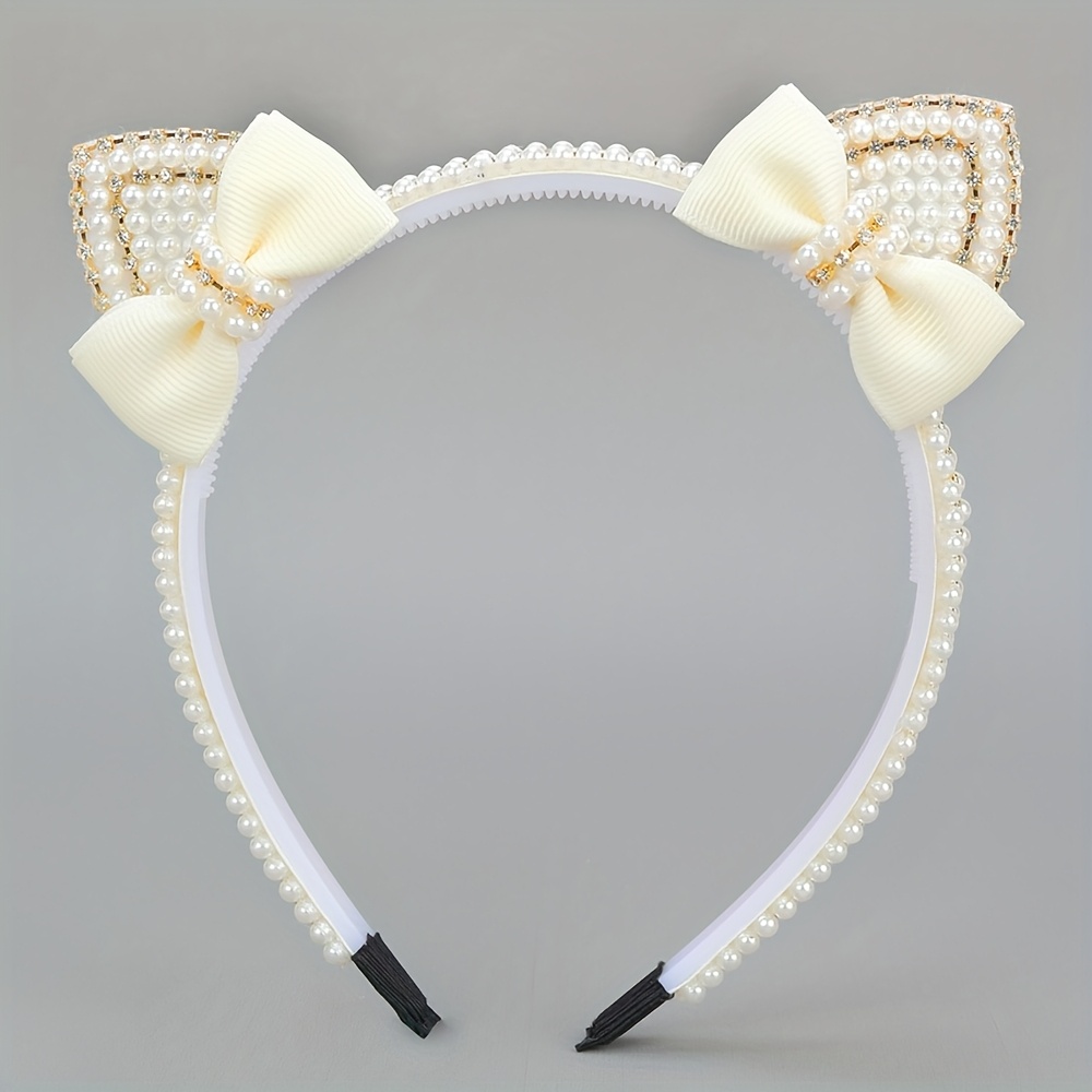 Image of 1pc Elegant Cat Ears Bow Hairband For Beige Headband With Cat Ears Design Accessories For Daily Wear & Gifts