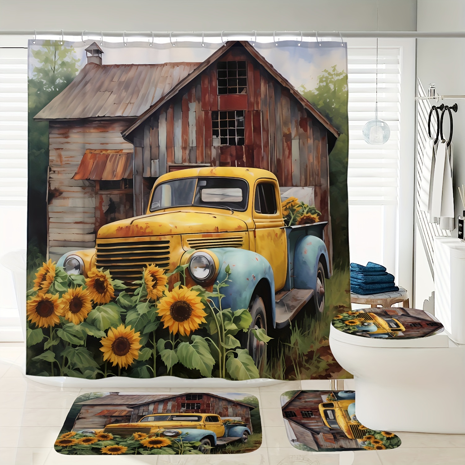 

Rustic Sunflower Truck Shower Curtain Set With Non-slip Bath Mats And Toilet Cover, Polyester Woven Bathroom Decor With 12 Hooks, Cordless Vintage Farmhouse Design, Waterproof And Washable